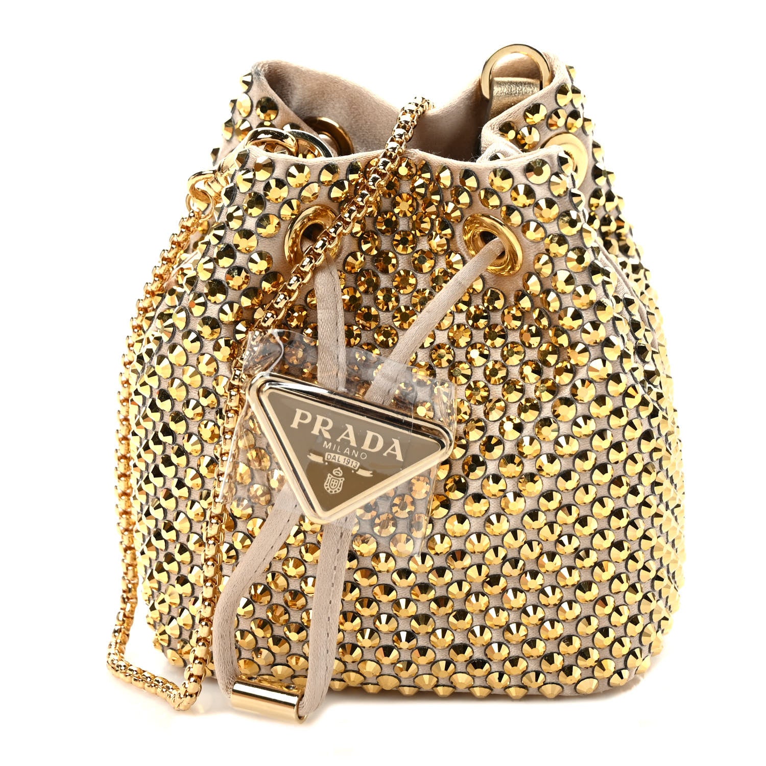 Prada Satin Crystal Metal Triangle Logo Mini Drawcord Pouch Shoulder Bag Platino 1 of 9