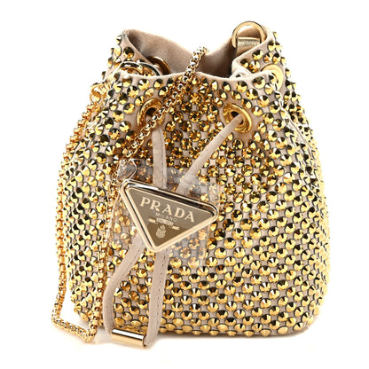 Prada Satin Crystal Metal Triangle Logo Mini Drawcord Pouch Shoulder Bag Platino 1 of 9