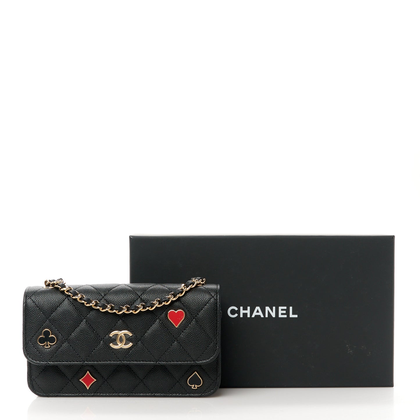 Caviar Quilted Enamel Coco Casino Flap Phone Holder With Chain Black