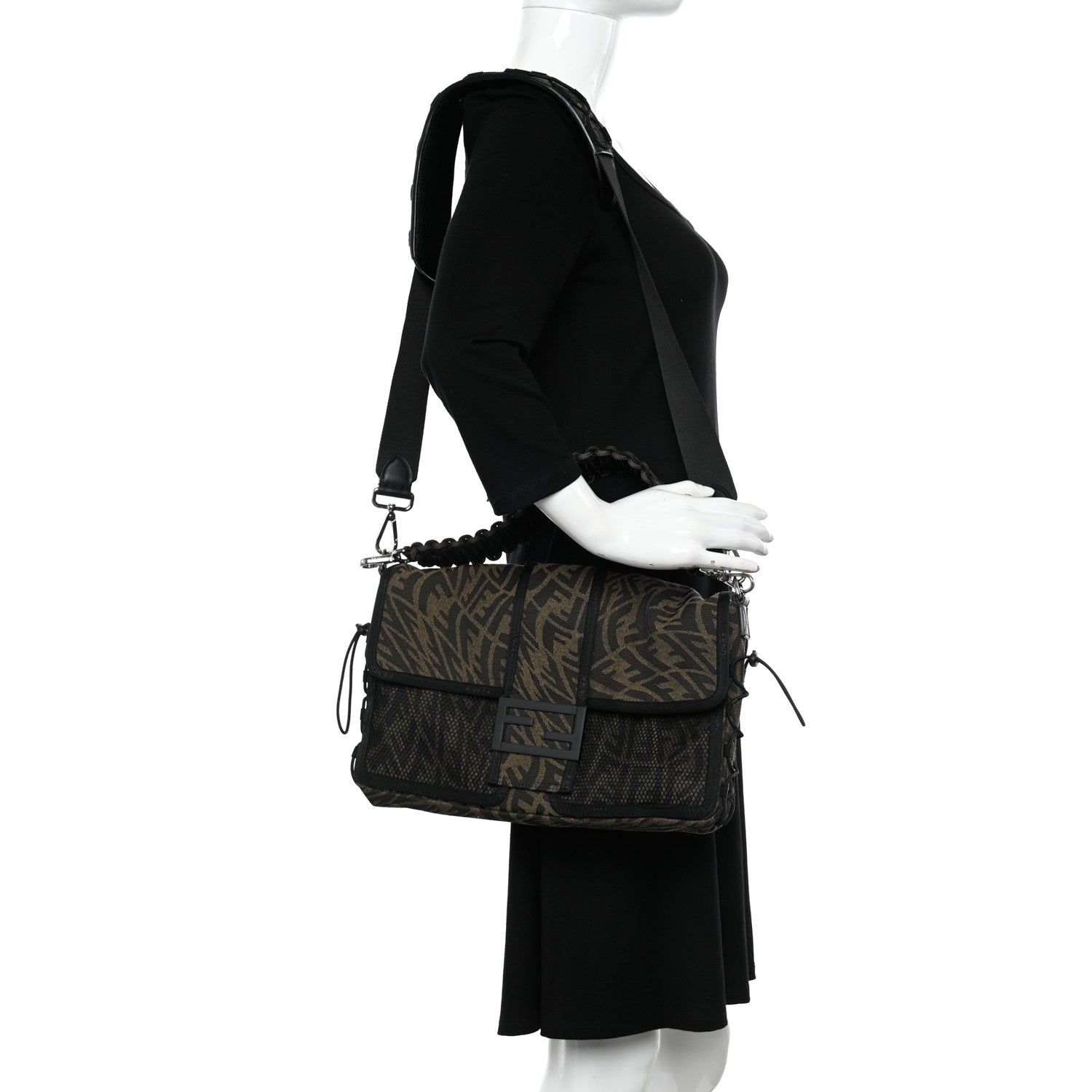 Fendi X SARAH COLEMAN Fabric Jacquard Vitello Grace FF Vertigo Woven Lanyard Large Baguette Tobacco Moro Black 2 of 11
