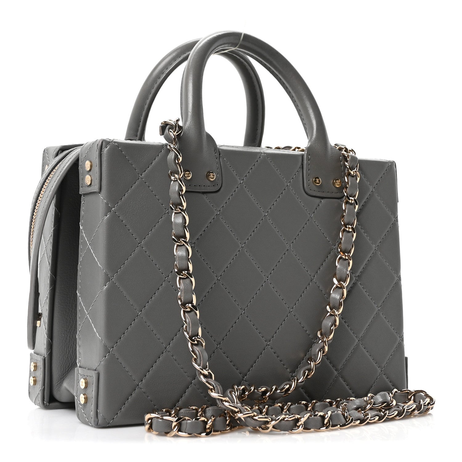 Chanel Calfskin Quilted Studded Square Vanity Case Grey 3 of 10