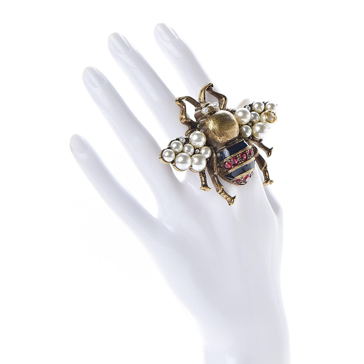 Metal Crystal Pearl Bee Ring 6.25 Aged Gold