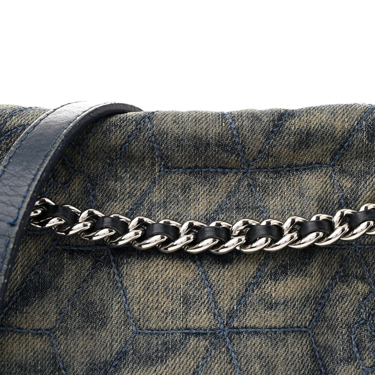 Denim Quilted Camellia Embroidered Medium Flap Blue