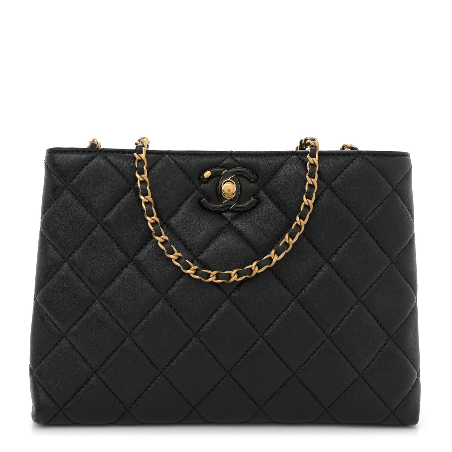Shiny Lambskin Quilted Enamel CC Shoulder Bag Black