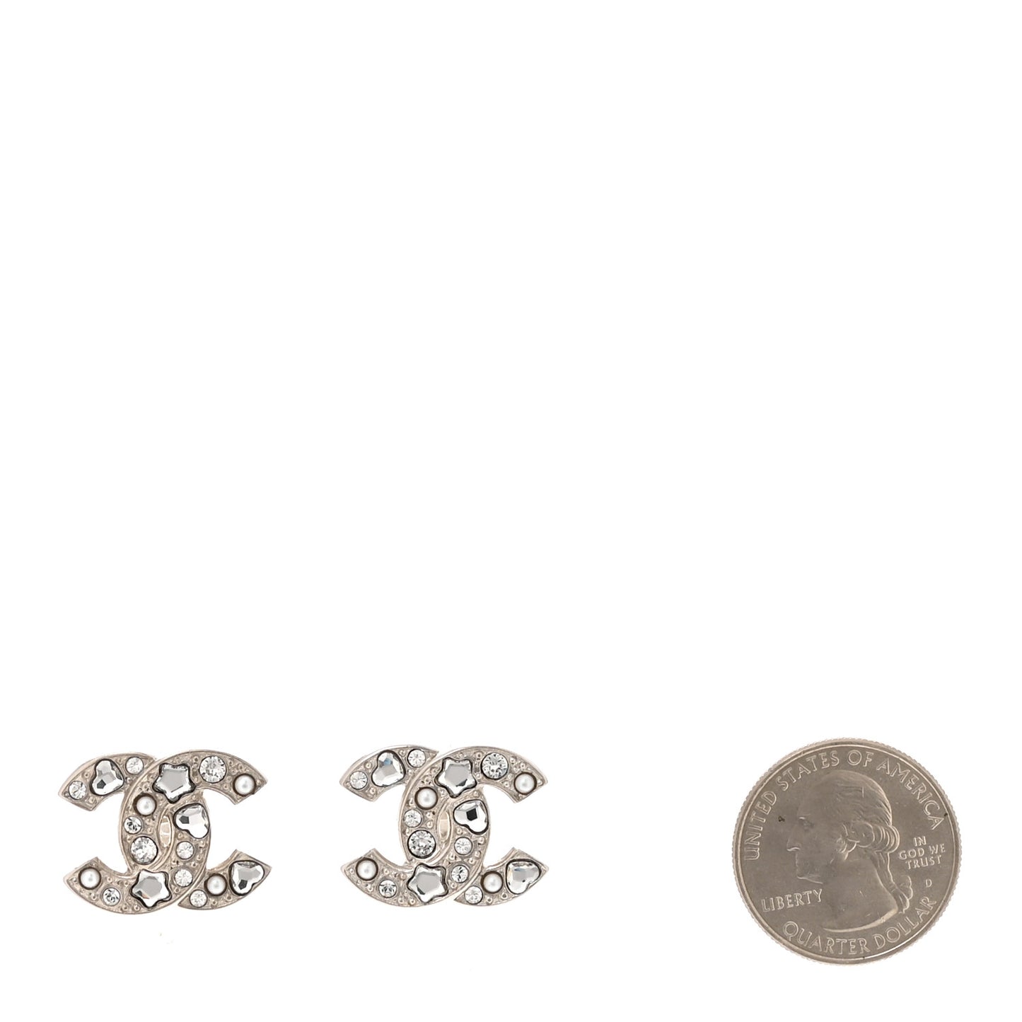 Crystal Pearl Heart CC Clip On Earrings Silver