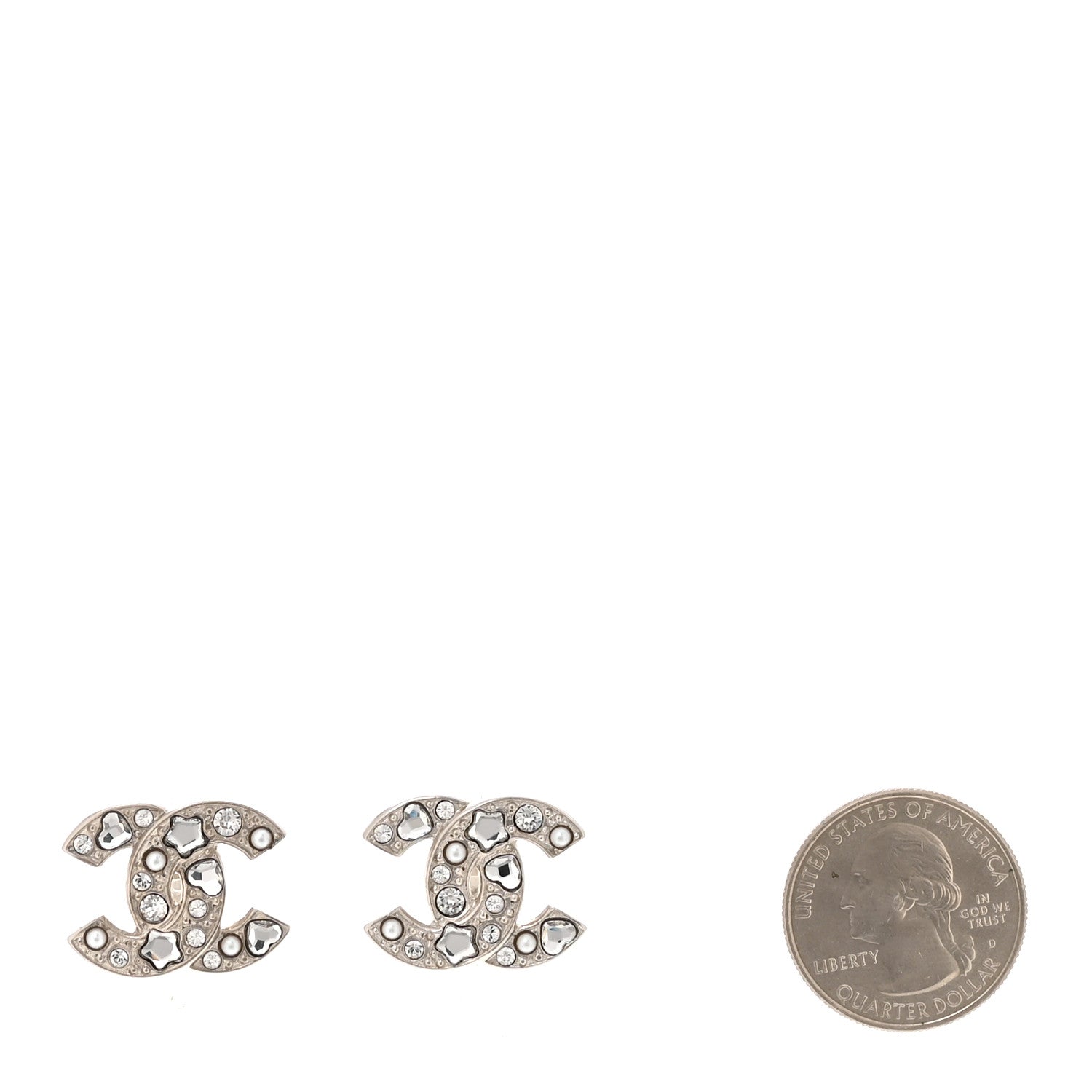 Chanel Crystal Pearl Heart CC Clip On Earrings Silver 2 of 5