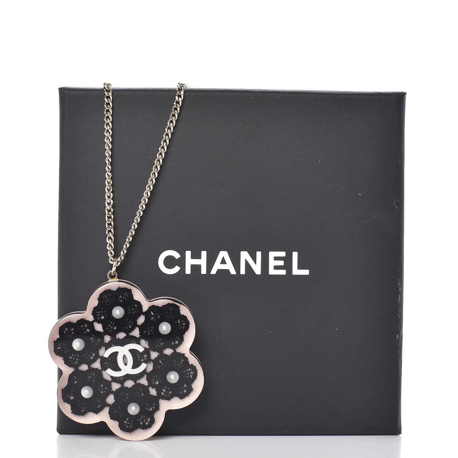 Chanel Resin Pearl Lace CC Necklace Gold Pink 7 of 7