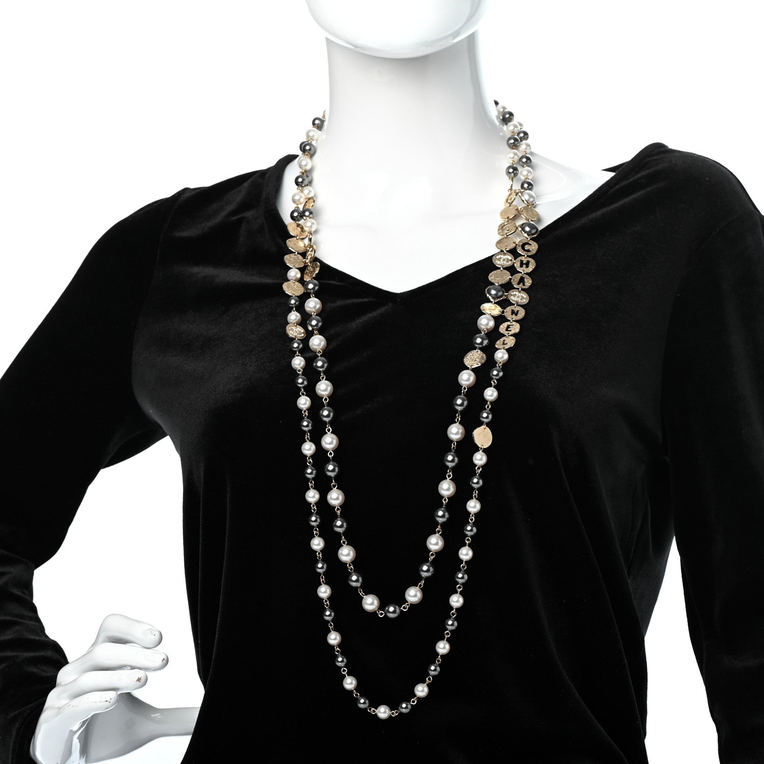 Chanel Pearl Papyrus Long Necklace Gold Pearly White Grey 2 of 5
