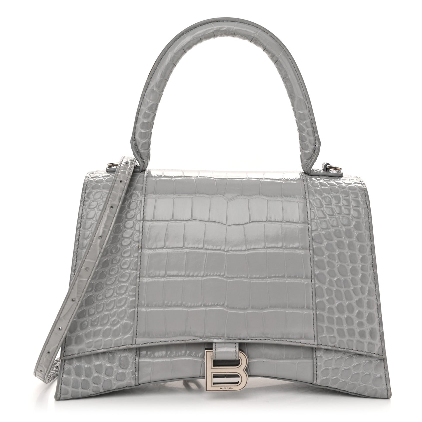 Shiny Calfskin Crocodile Embossed Medium Hourglass Top Handle Bag Balenciaga Grey