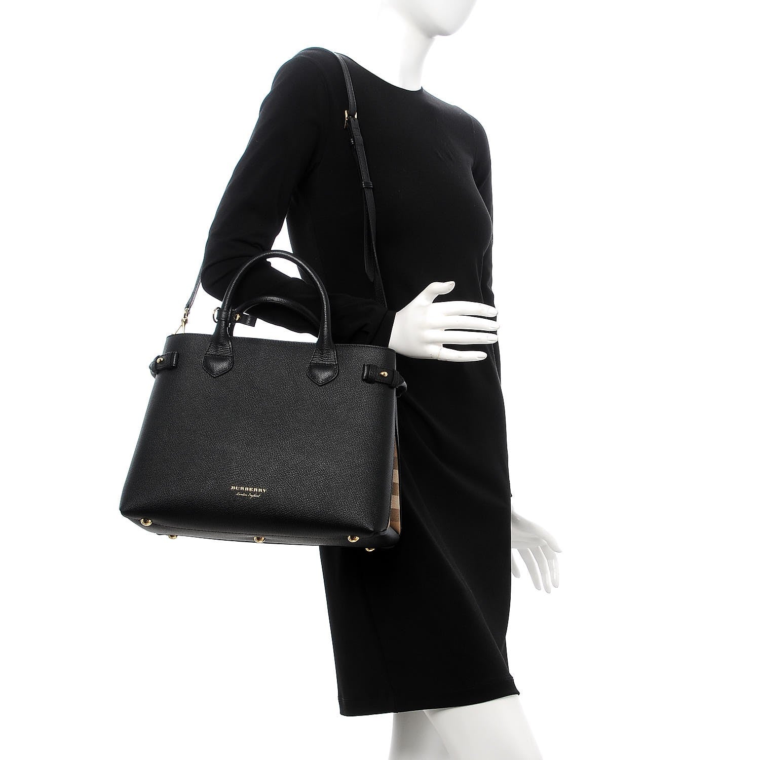 Burberry Grainy Calfskin House Check Medium Banner Tote Black 2 of 8