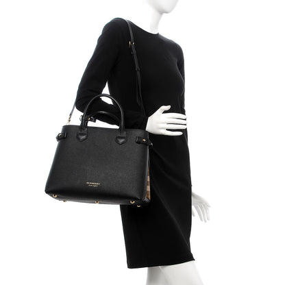 Burberry Grainy Calfskin House Check Medium Banner Tote Black 2 of 8