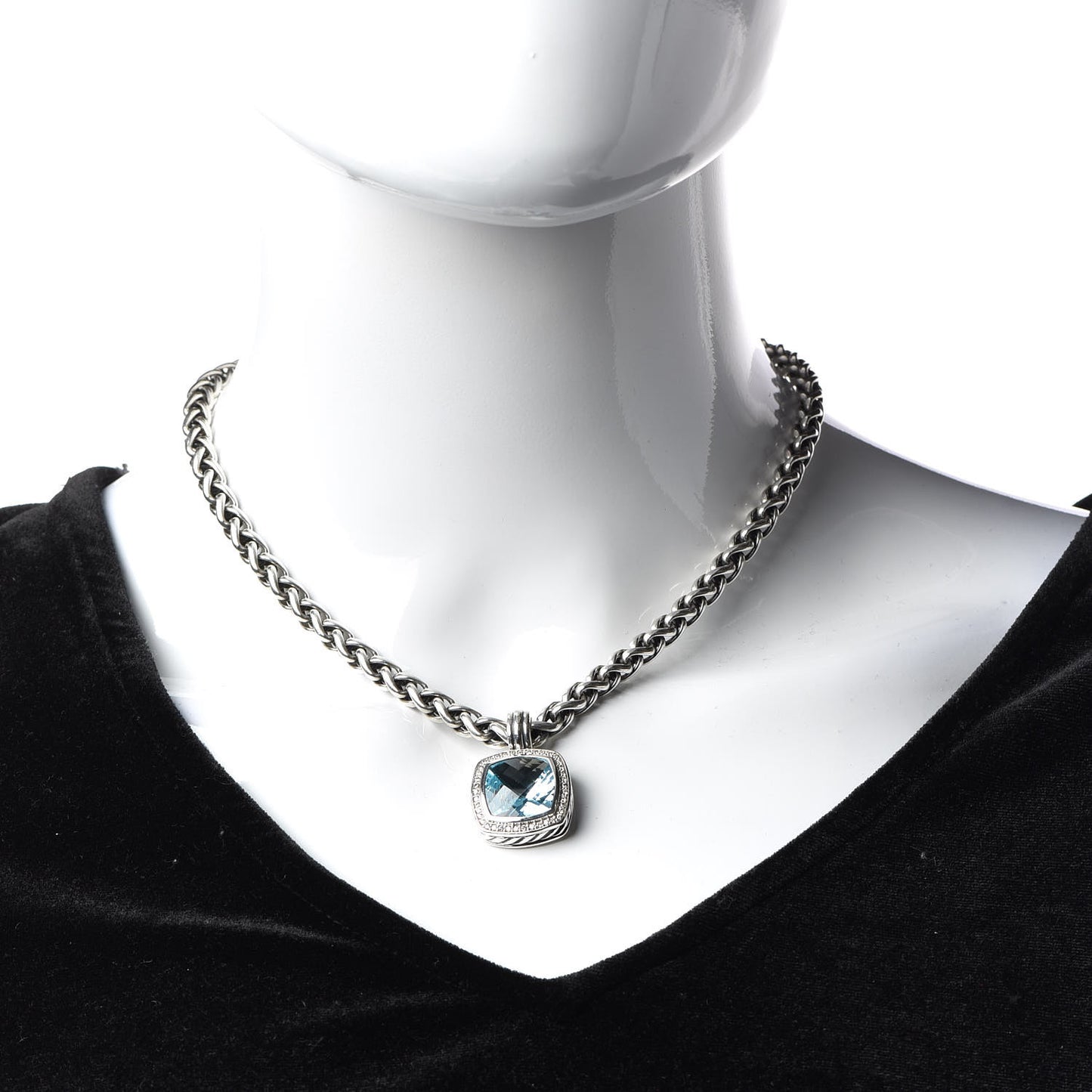 Sterling Silver Diamond Blue Topaz 16mm Albion Enhancer Pendant Wheat Chain Necklace