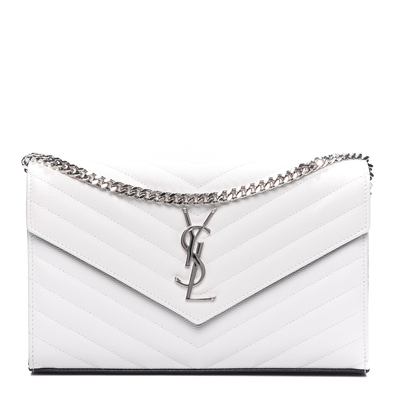 Saint Laurent Grain De Poudre Matelasse Bi-Color Chevron Monogram Chain Wallet White Black 1 of 9