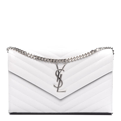 Saint Laurent Grain De Poudre Matelasse Bi-Color Chevron Monogram Chain Wallet White Black 1 of 9