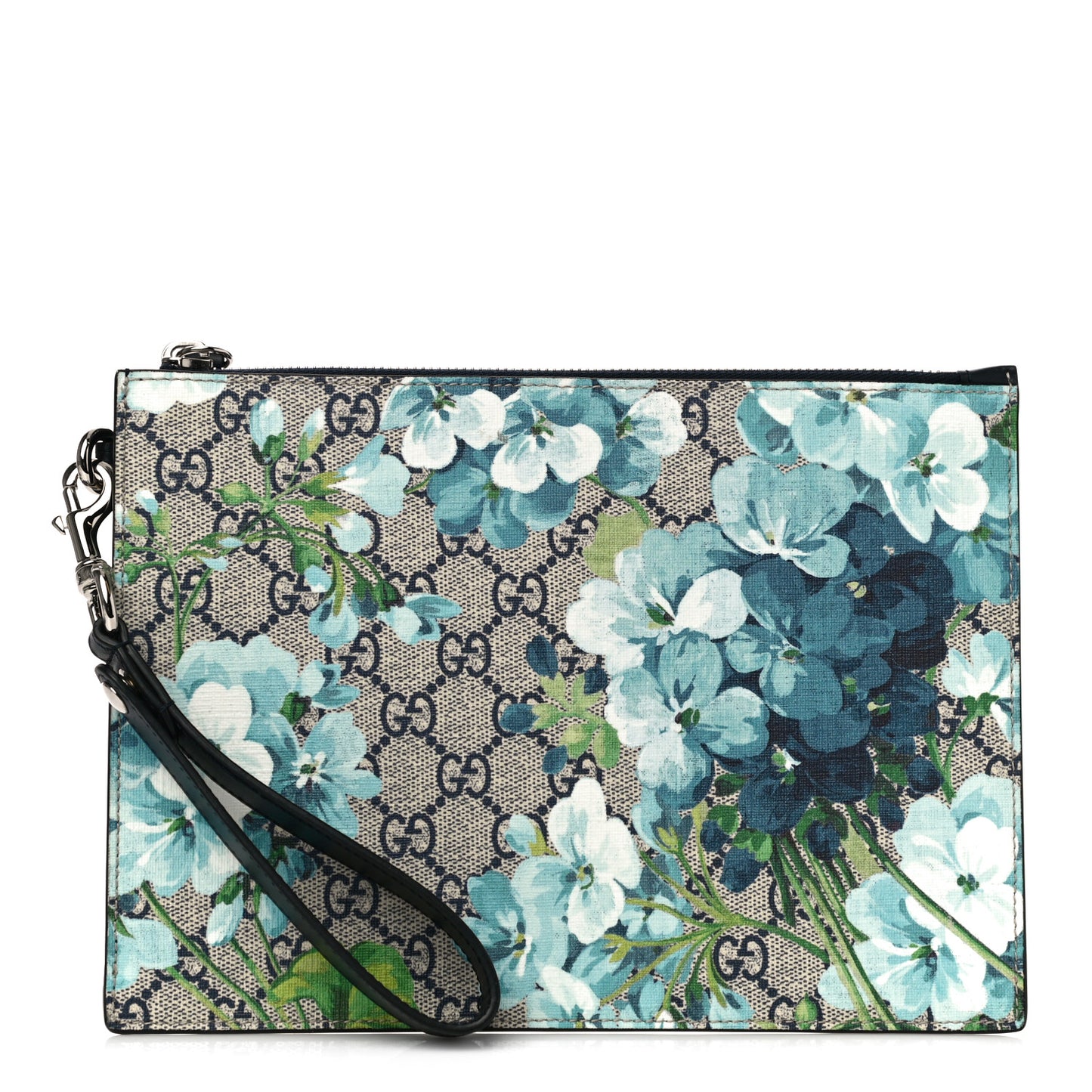 GG Supreme Monogram Blooms Small Zip Wristlet Pouch Beige Blue Black