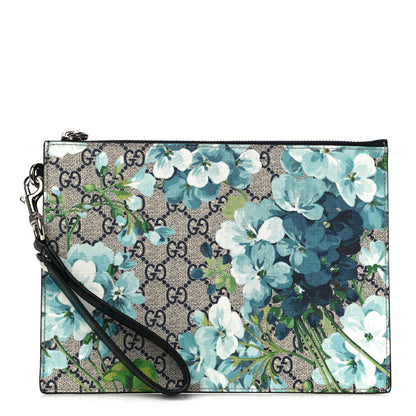 Gucci GG Supreme Monogram Blooms Small Zip Wristlet Pouch Beige Blue Black 1 of 9