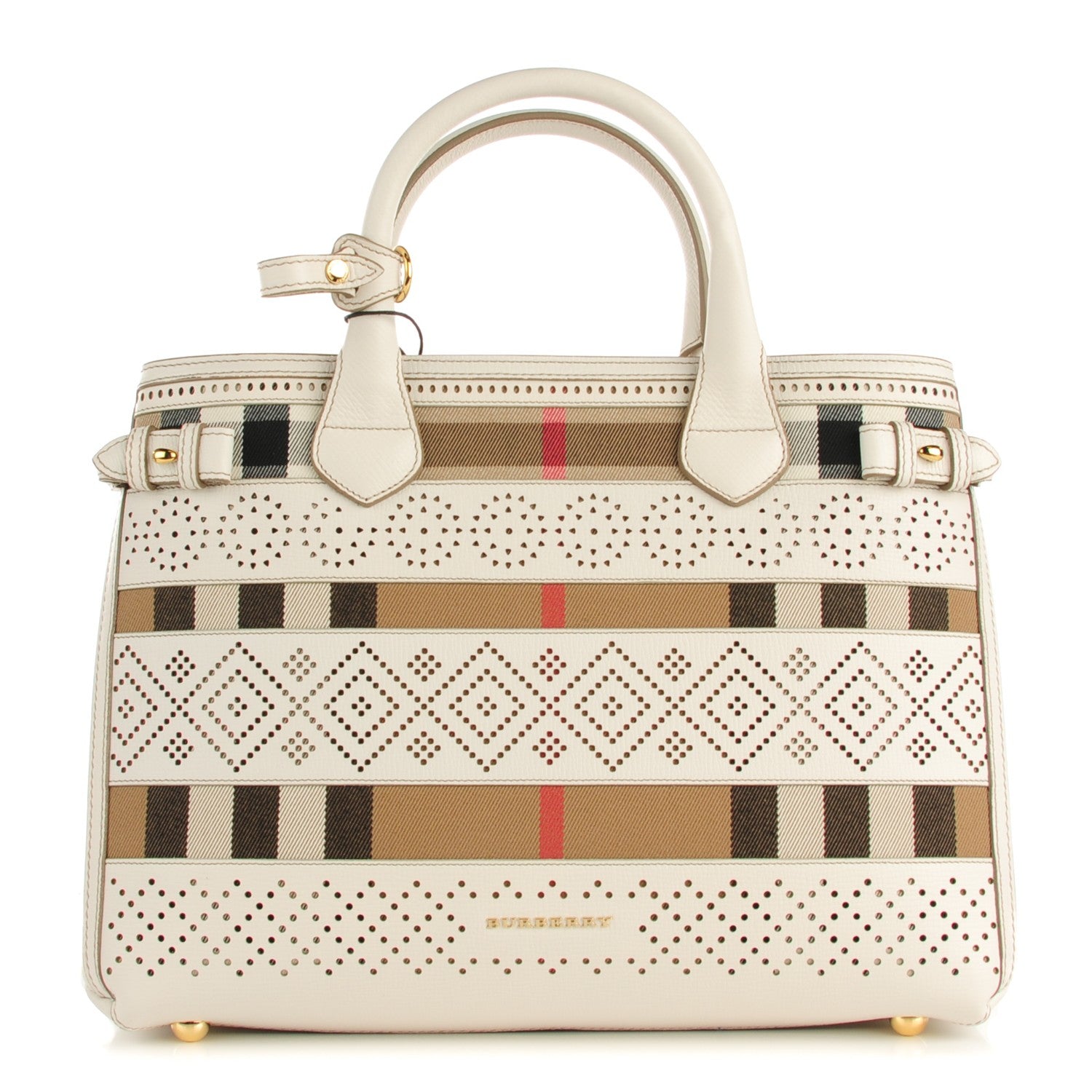 Burberry Calfskin House Check Perforated Medium Banner Tote Natural 1 of 9