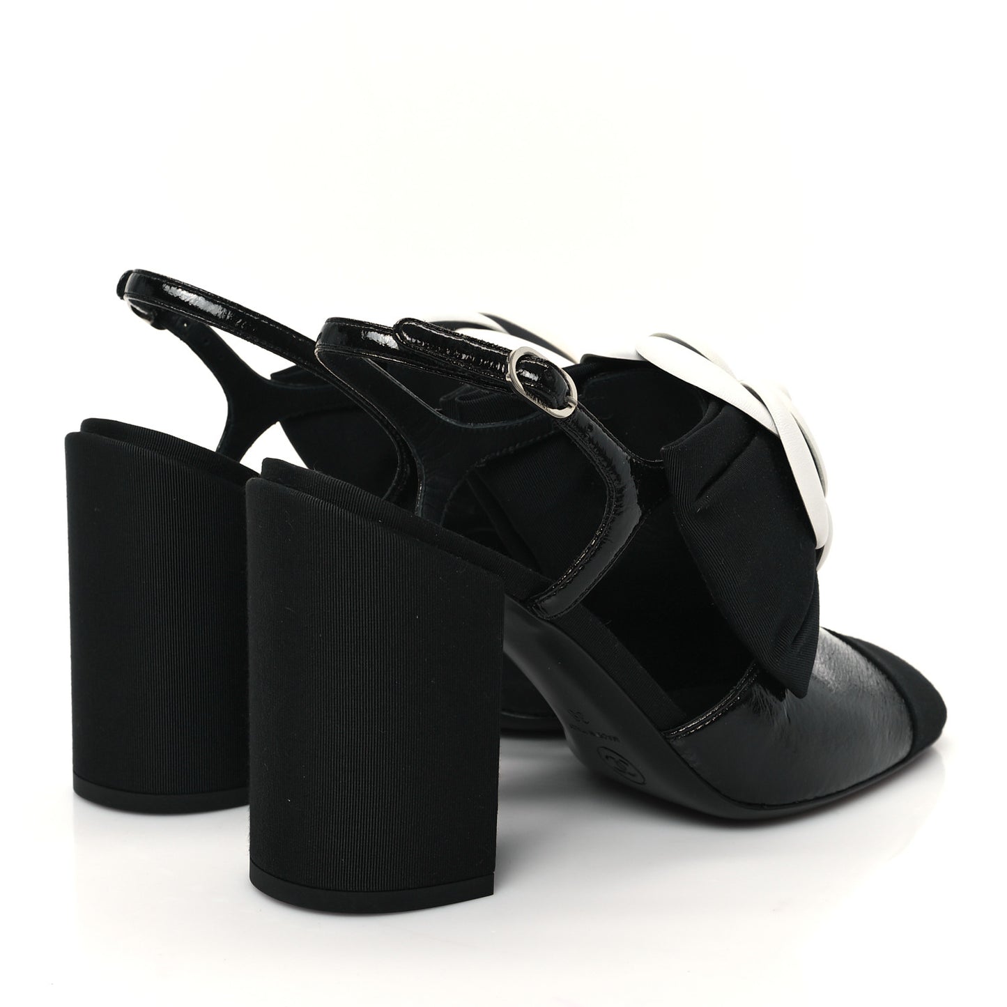 Crumpled Shiny Fabric Grosgrain Cap Toe Camellia Bow Slingback Pumps 38 Black