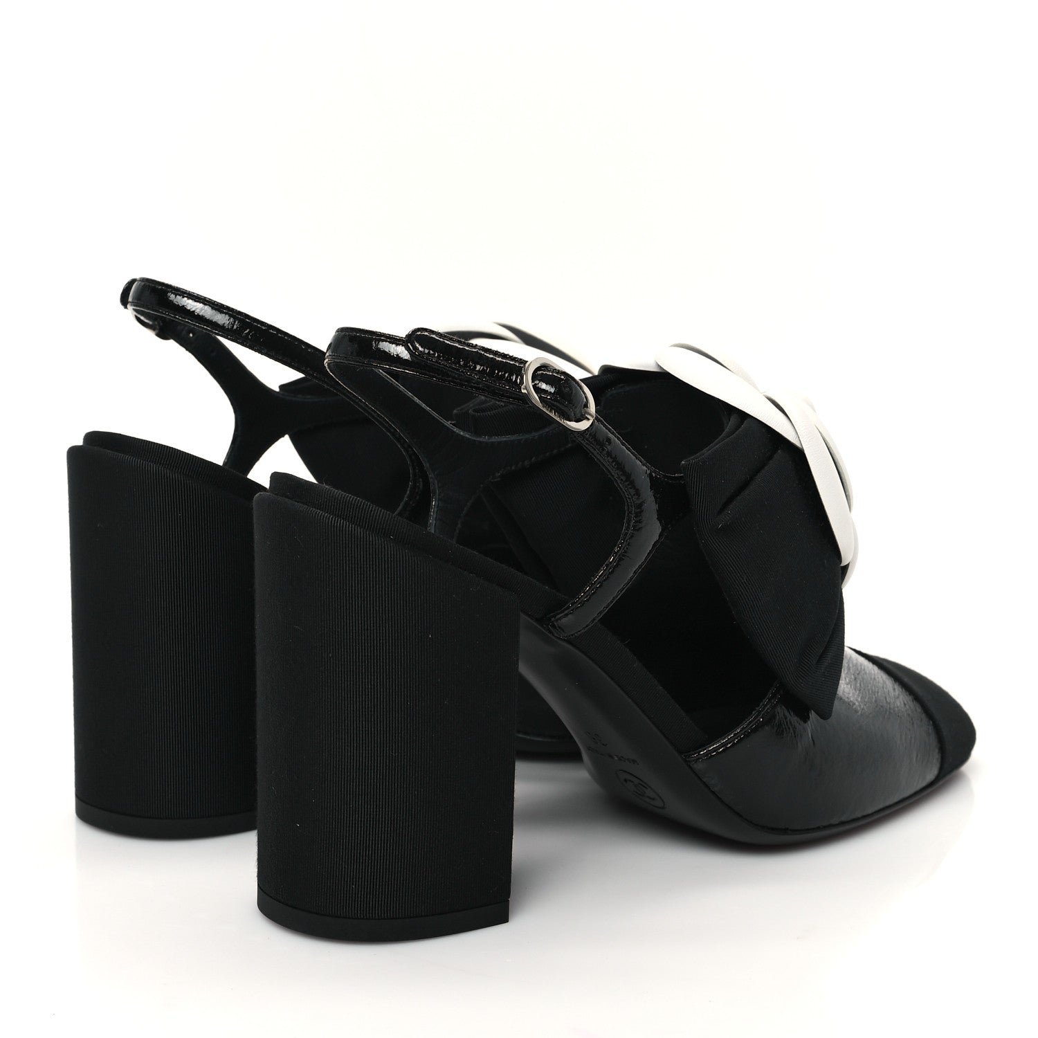 Chanel Crumpled Shiny Fabric Grosgrain Cap Toe Camellia Bow Slingback Pumps 38 Black 5 of 10