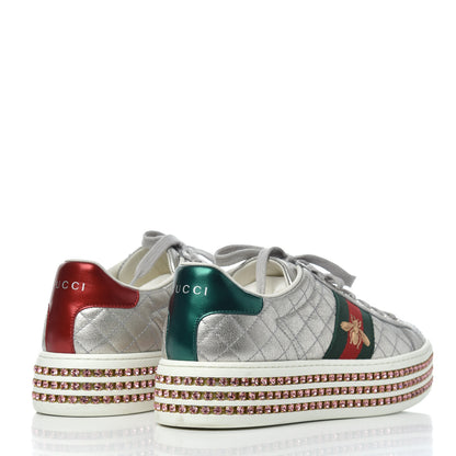 Gucci Laminated Nappa Crystal Web Bee Embroidered Trapuntata Womens Ace Platform Sneakers 36.5 Argento 4 of 21