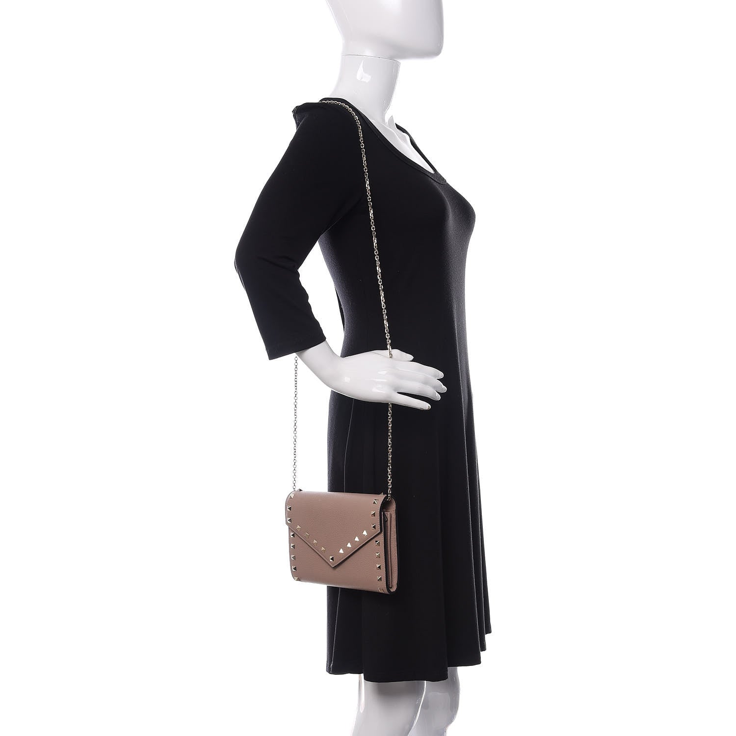 Valentino Garavani Pebbled Calfskin Rockstud Envelope Wallet on Chain Poudre 2 of 10