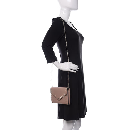 Valentino Garavani Pebbled Calfskin Rockstud Envelope Wallet on Chain Poudre 2 of 10