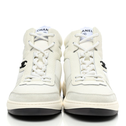 Chanel Suede Fabric Grained Calfskin Womens CC High Top Sneakers 40 White 2 of 9
