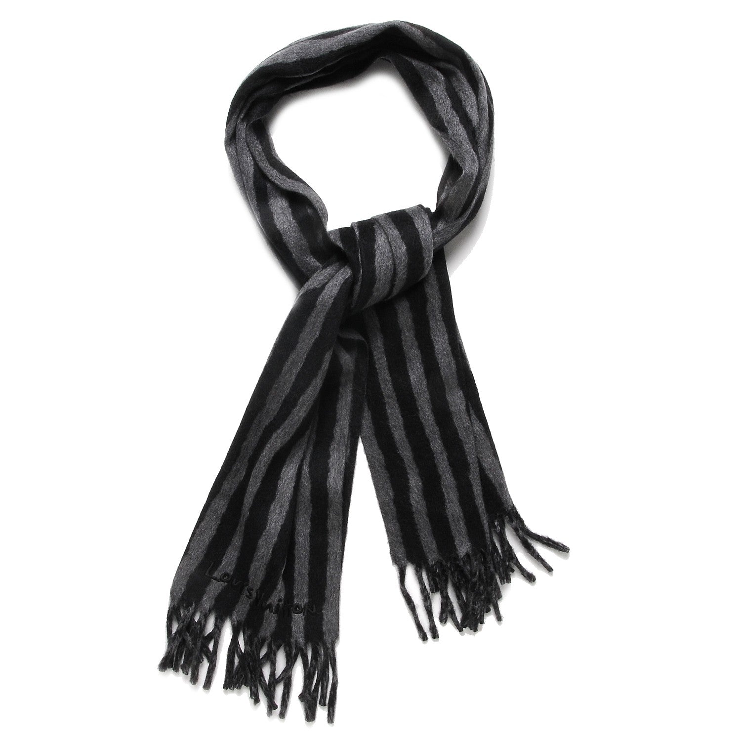 Louis Vuitton Cashmere Wool Stripe Muffler Scarf Black Gray 1 of 4