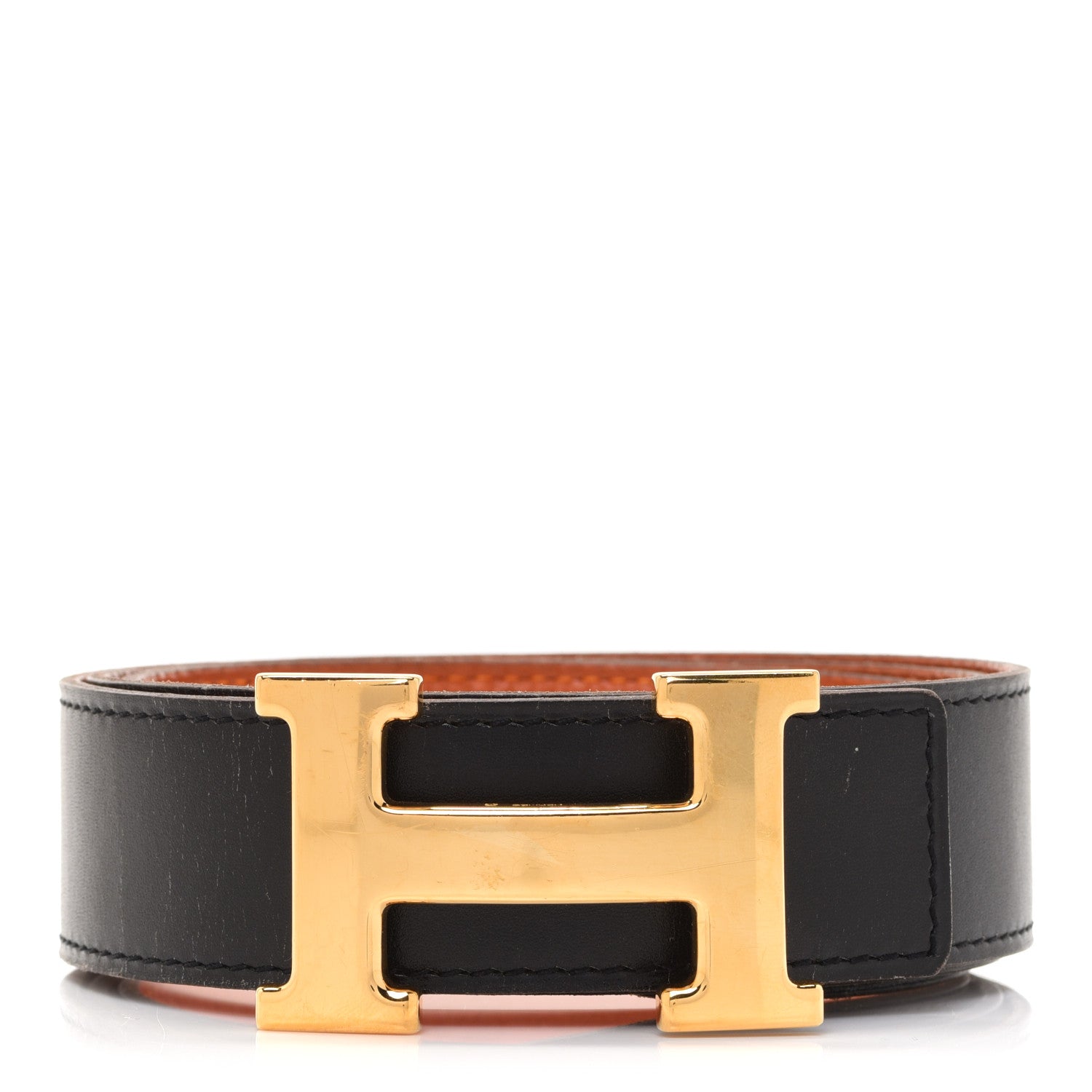 Hermes Box Togo 32mm H Belt 85 Black Orange 1 of 11