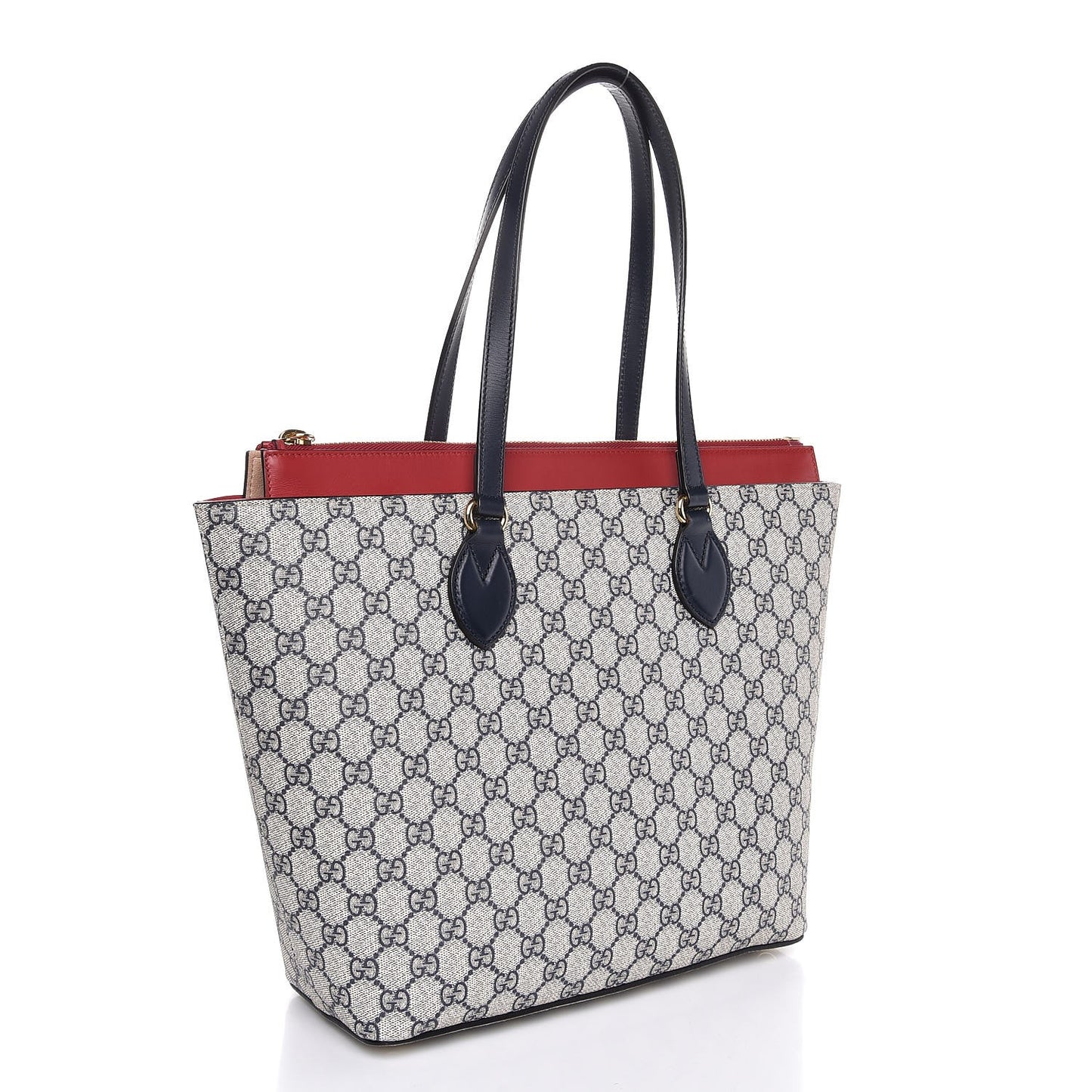 GG Supreme Monogram Medium Zippered Bucket Tote Beige Blue Hibiscus Red