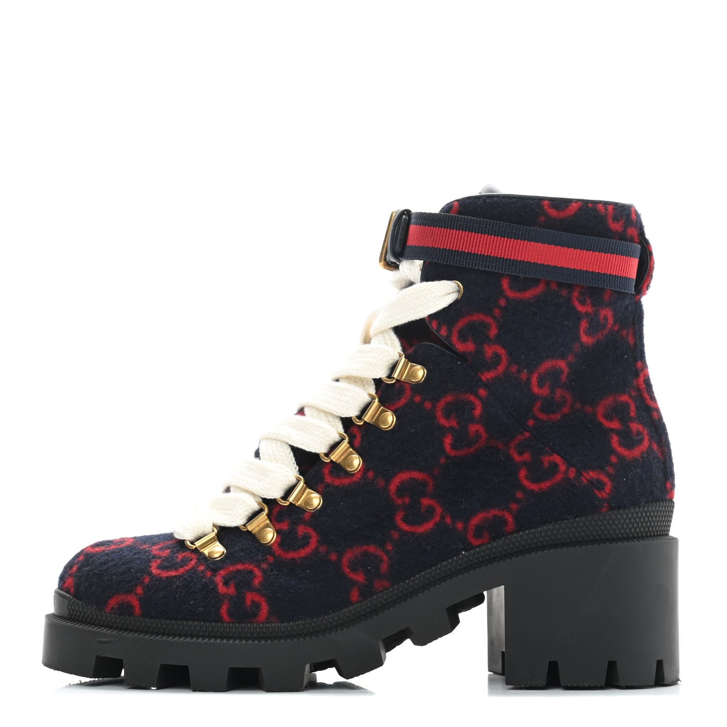 Gucci Covered Wool Big GG Monogram Womens Lace Up Combat Ankle Boots 37.5 Blue Red 1 of 8