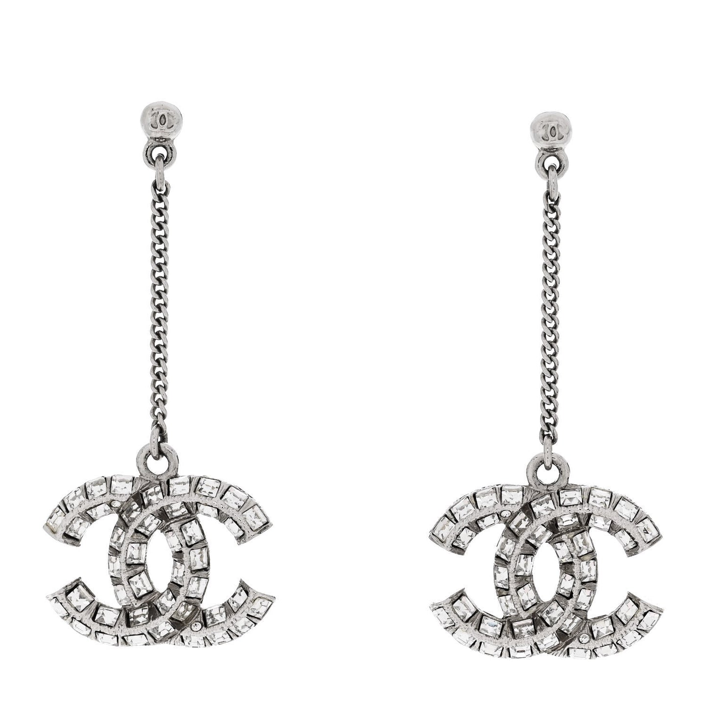 Baguette Crystal CC Drop Earrings Silver