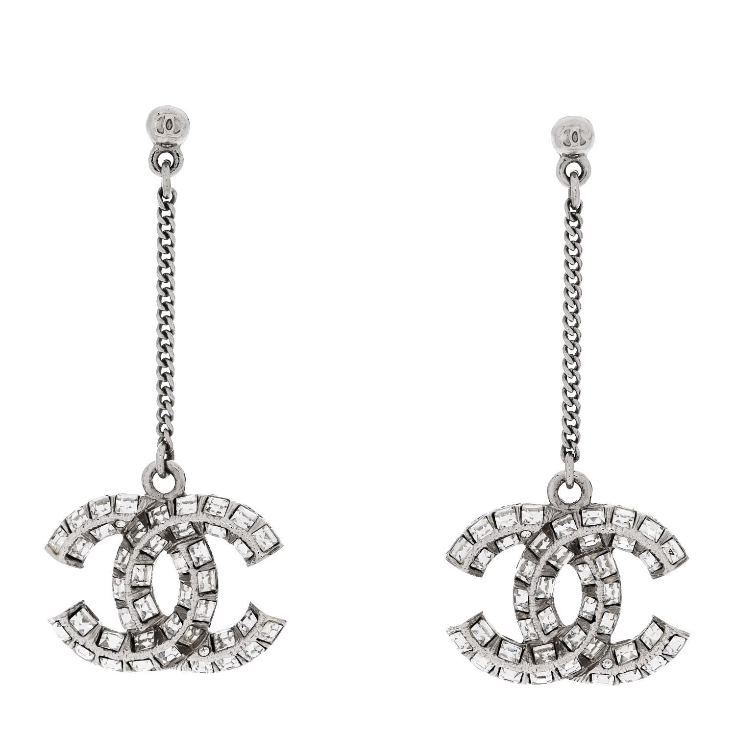 Chanel Baguette Crystal CC Drop Earrings Silver 1 of 4