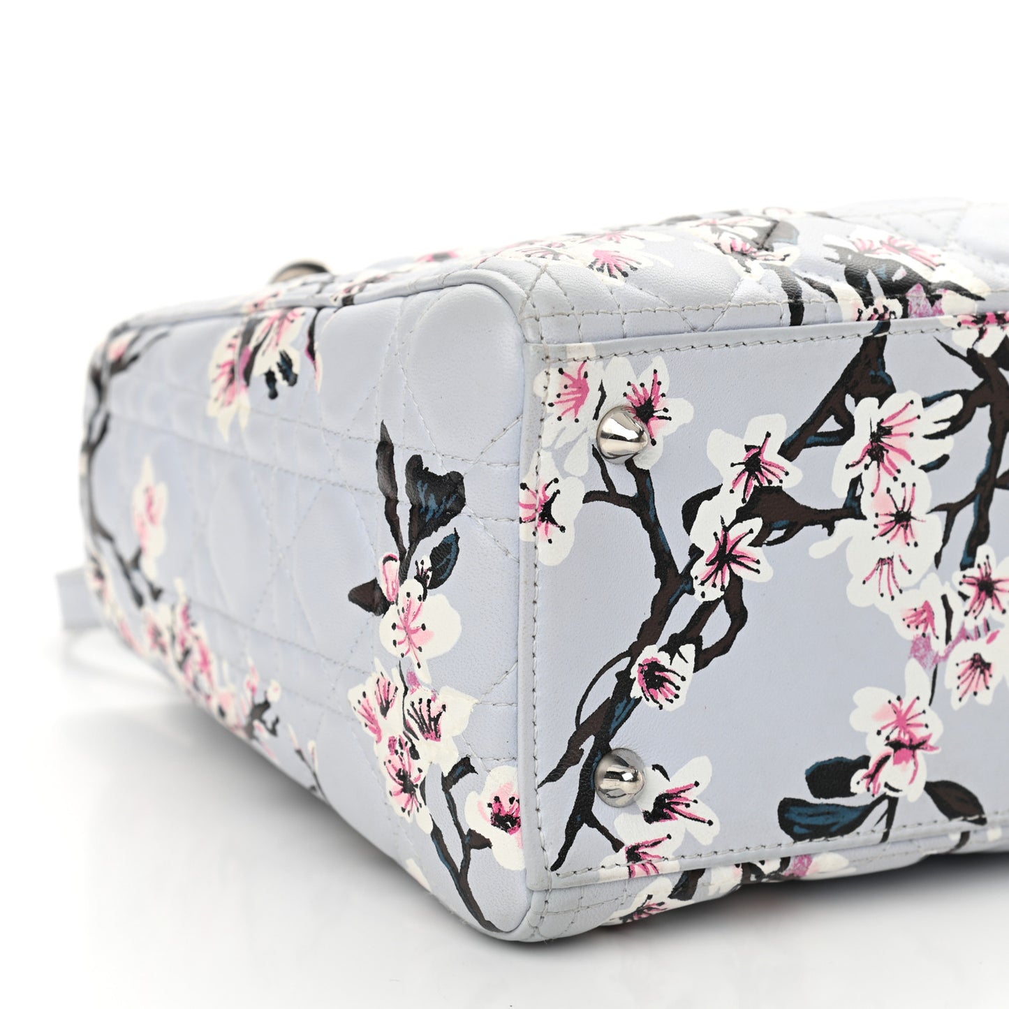 Lambskin Cannage Floral Printed Medium Lady Dior Light Blue