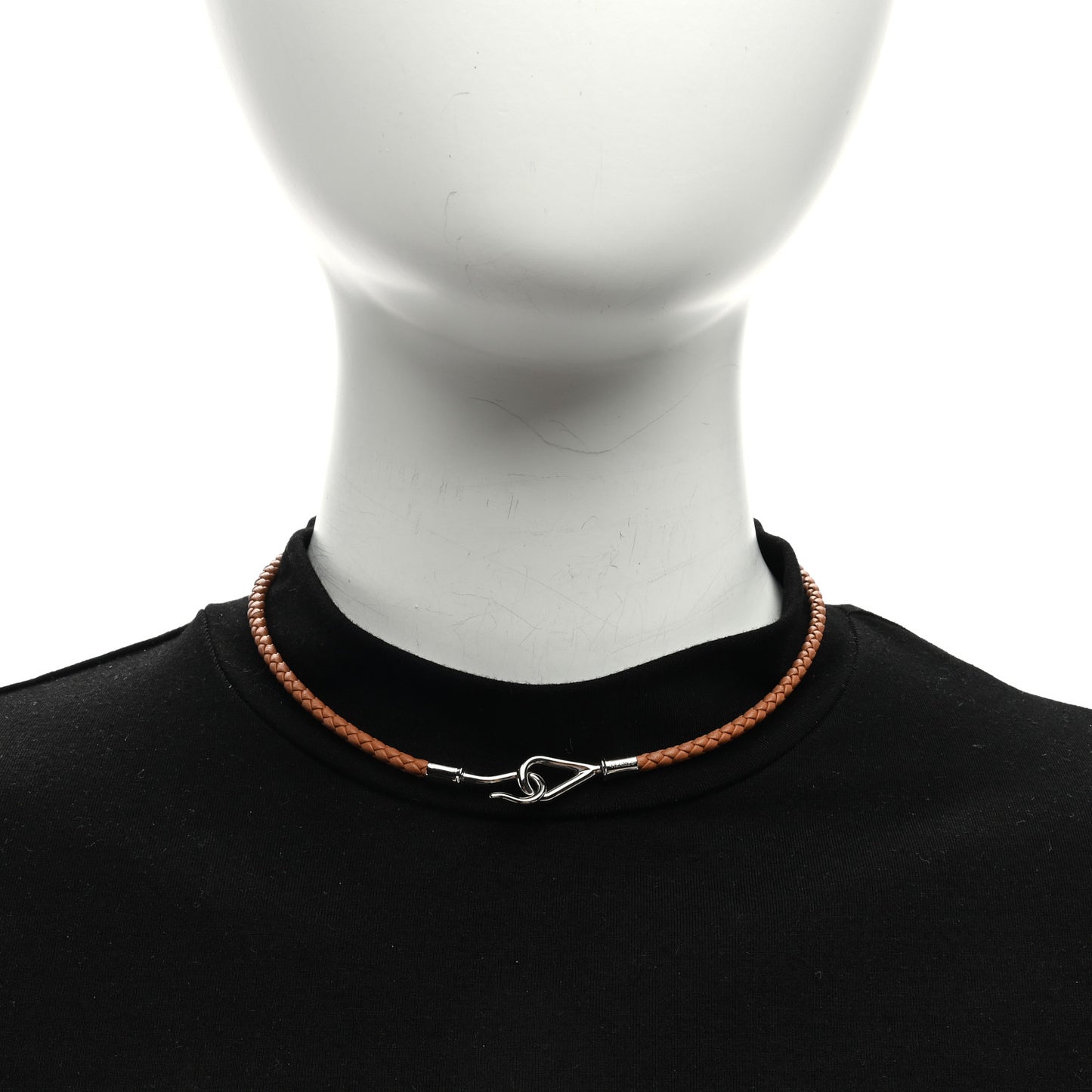 Woven Leather Jumbo Hook Choker Necklace Brown