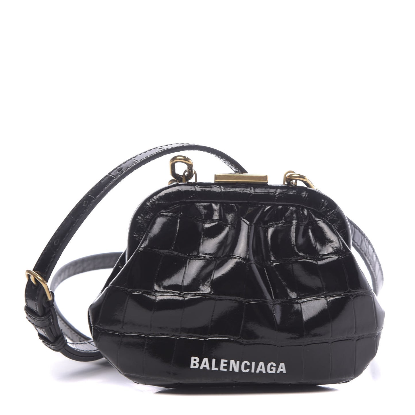 Shiny Supple Calfskin Logo Crocodile Embossed Cloud Coin Purse With Strap Black White