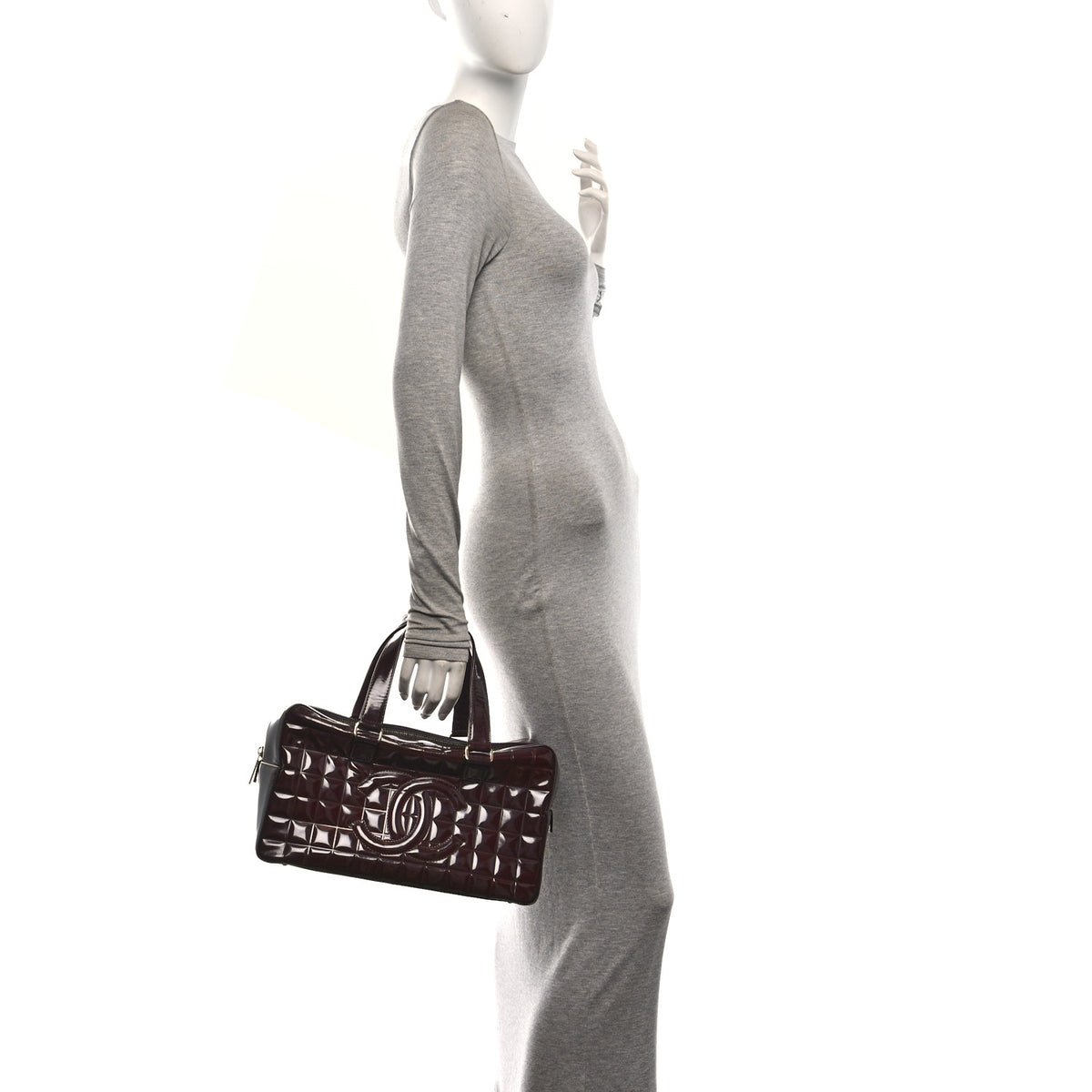 Patent Quilted Chocolate Bar Bowler Burgundy