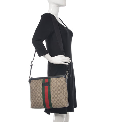 Gucci GG Supreme Monogram Calfskin Web Medium Flat Messenger Bag Beige Ebony Black 2 of 13