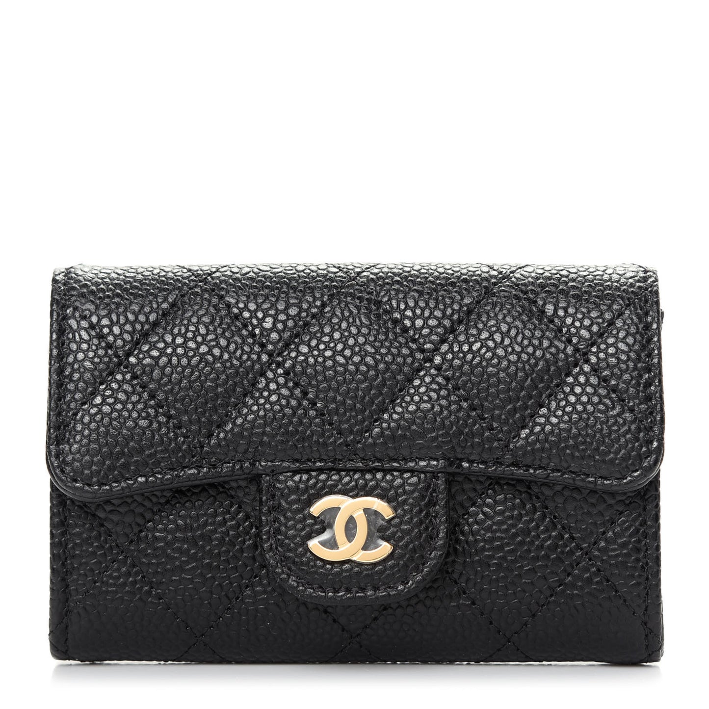 Caviar Quilted Flap Card Holder Wallet Black