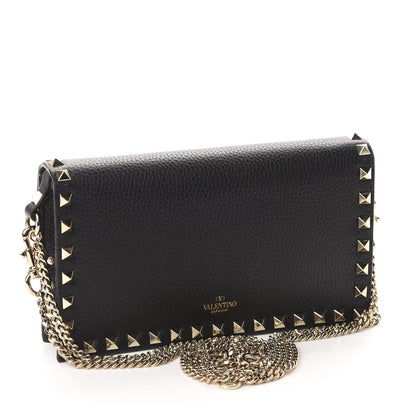 Valentino Garavani Pebbled Calfskin Rockstud Flap Wallet On Chain Black 3 of 9