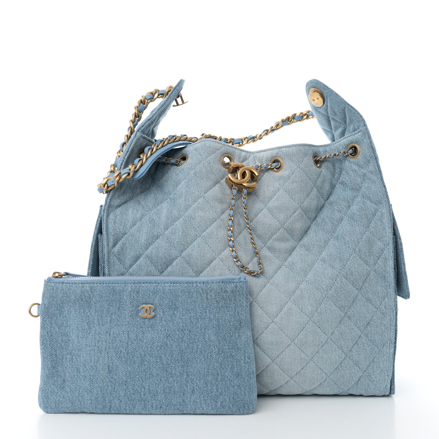 Washed Denim Quilted Medium Chanel 25 Handbag Blue