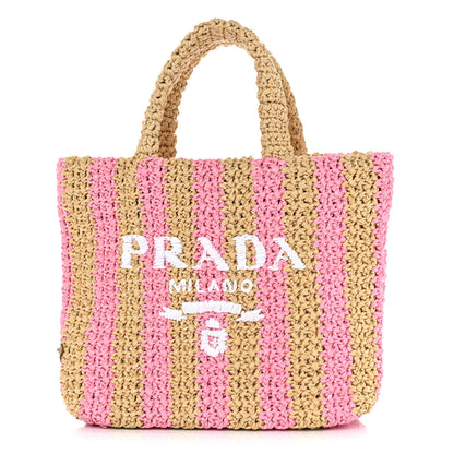 Prada Yarn Raffia Effect Crochet Striped Small Logo Tote Naturale Petalo 1 of 10