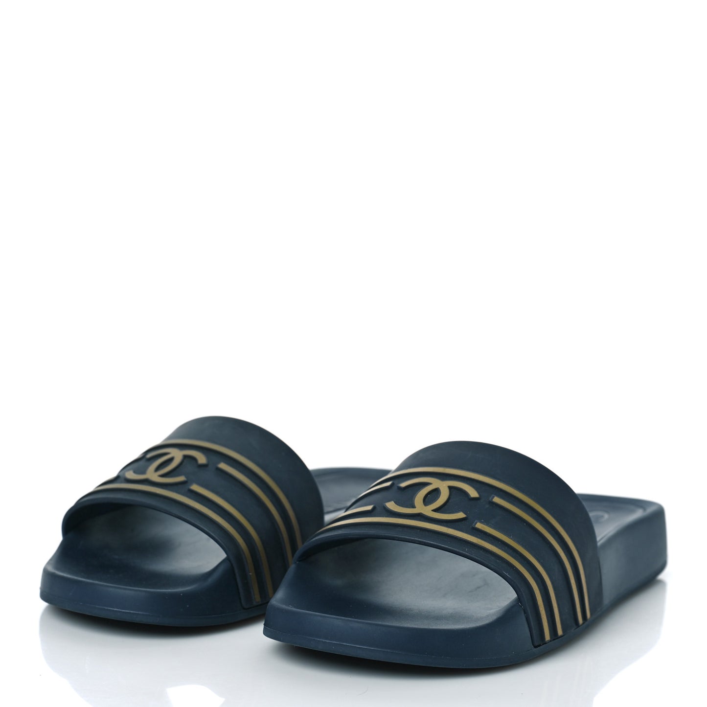 Rubber CC Flat Slide Sandals 36 Navy Gold