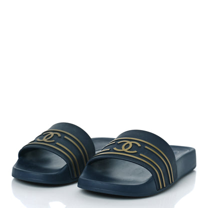 Chanel Rubber CC Flat Slide Sandals 36 Navy Gold 4 of 9