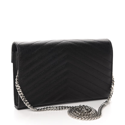 Saint Laurent Grain De Poudre Matelasse Chevron Monogram Chain Wallet Black 3 of 12