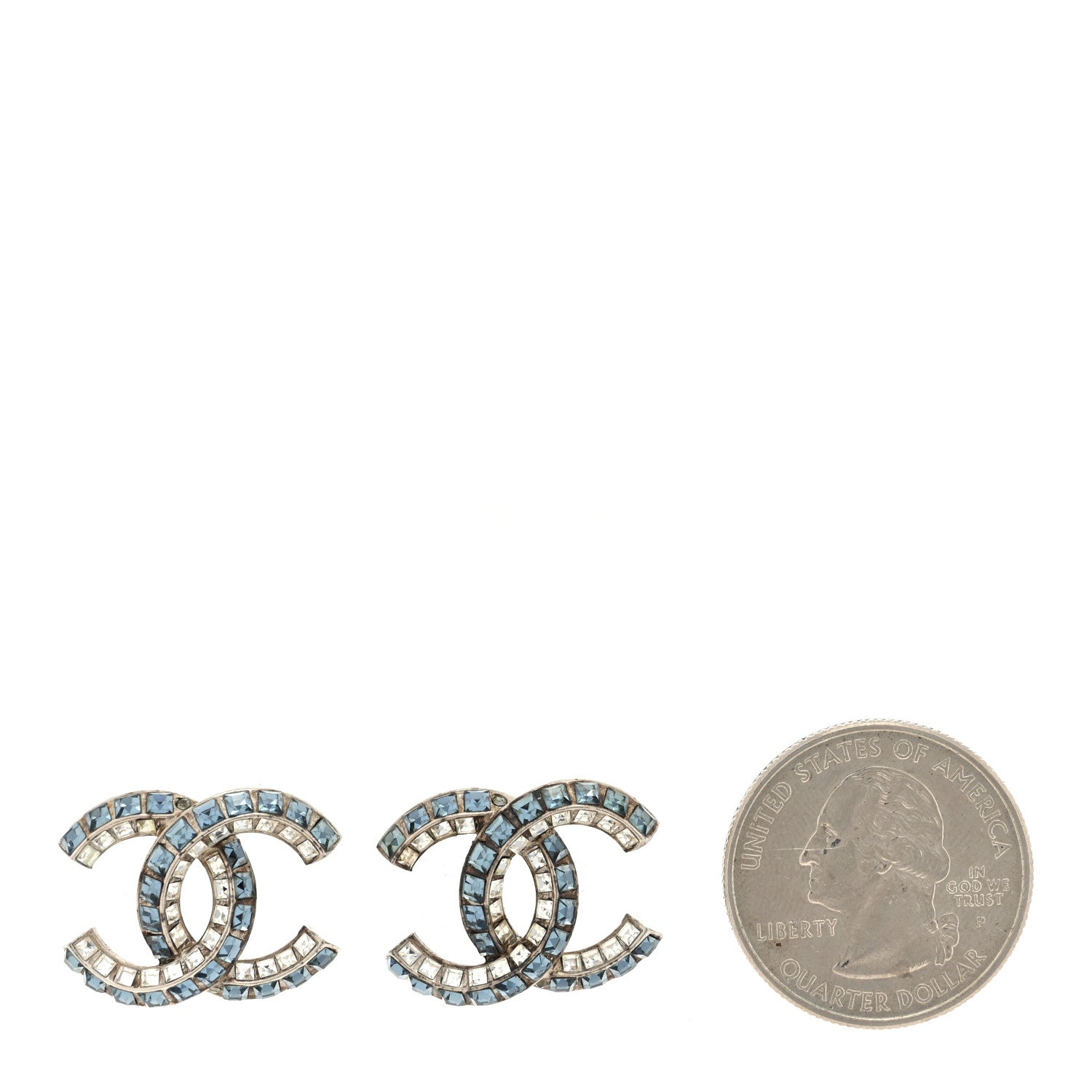 Chanel Metal Baguette Crystal CC Earrings Silver Blue 2 of 4