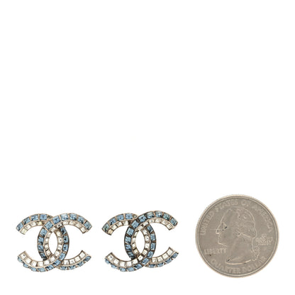 Chanel Metal Baguette Crystal CC Earrings Silver Blue 2 of 4