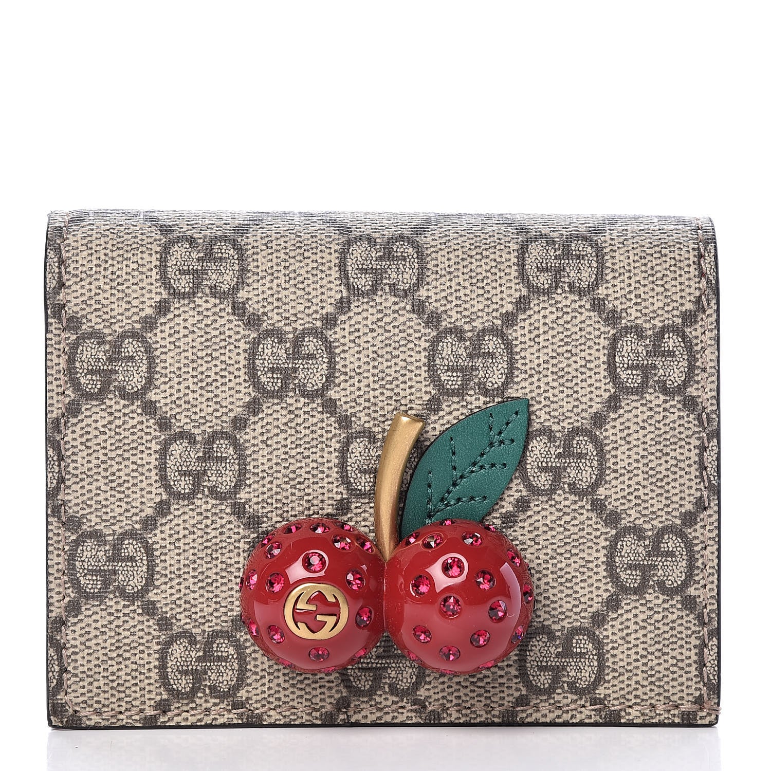 Gucci GG Supreme Monogram Cherry Embellished Card Case Wallet Hibiscus Red 1 of 8