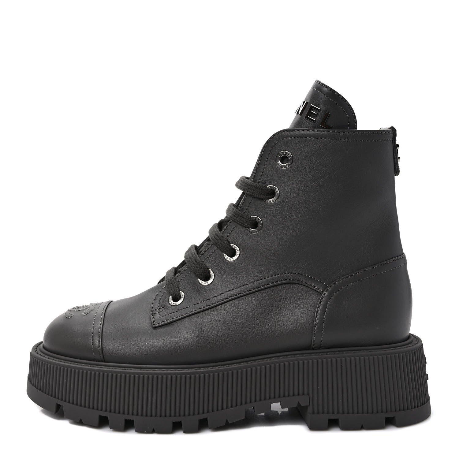 Chanel Calfskin CC Lace Up Combat Boots 37 Gray 1 of 10