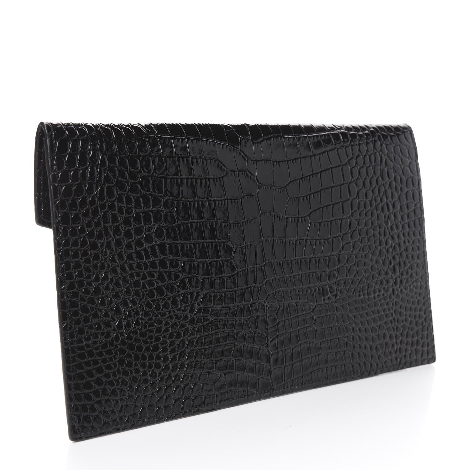 Saint Laurent Calfskin Crocodile Embossed Uptown Monogram Clutch Black 3 of 8